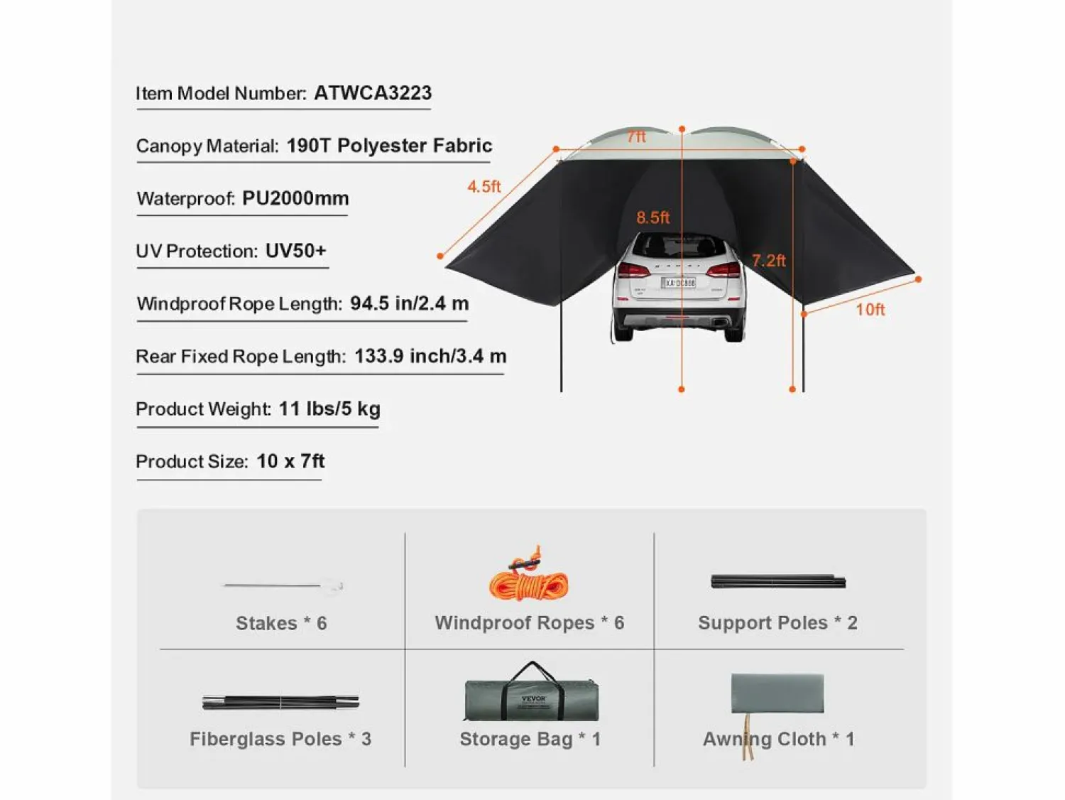 Toldo para Vehículo SucceBuy, Cubierta Sombra 305 x 213 cm, PU2000mm UV50+, para Camiones, SUV, Furgonetas, Autocaravanas