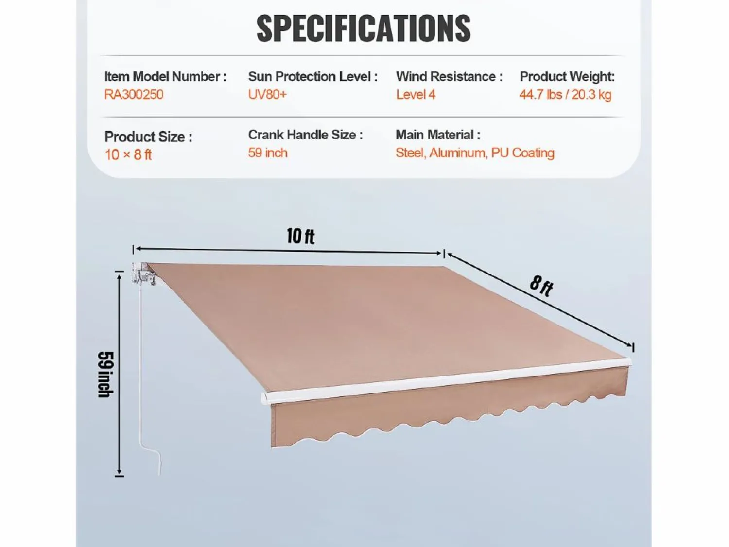Toldo Retráctil Manual para Patio SucceBuy, 305 x 244 CM, Toldo Retráctil para Patio, Refugio Solar con Manivela