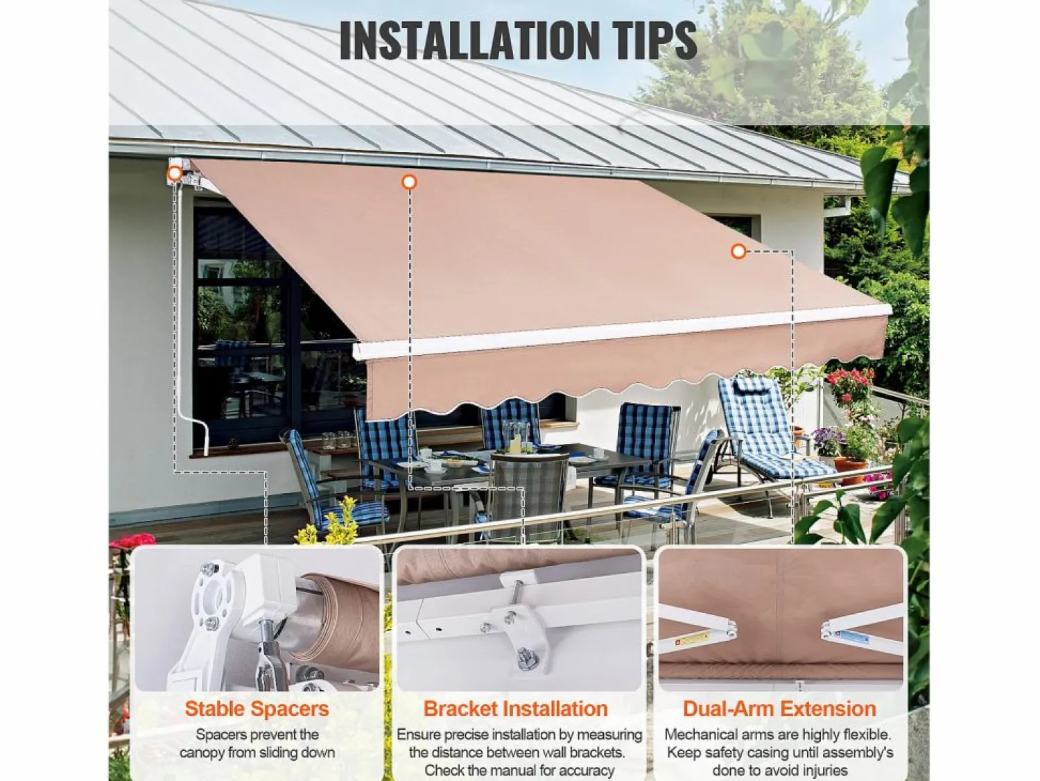 Toldo Retráctil Manual para Patio SucceBuy, 305 x 244 CM, Toldo Retráctil para Patio, Refugio Solar con Manivela