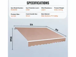 Sale Toldo Retráctil Manual para Patio SucceBuy, 366 x 305 CM, Toldo Retráctil para Patio, Protección Solar con Manivela Estor Y Toldo