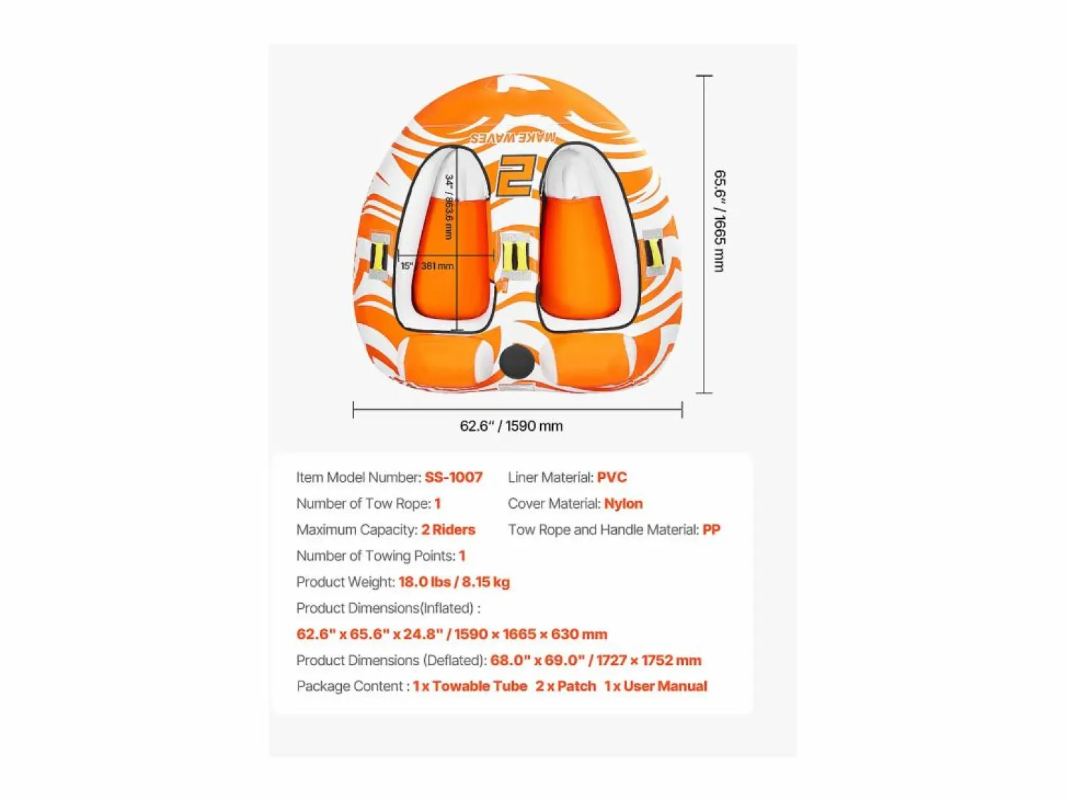 New Tubo Remolcable, SucceBuy Flotadores Remolcables para Navegación, Flotadores Remolcables Inflables para 2 Personas con 2 Cabinas Naranja