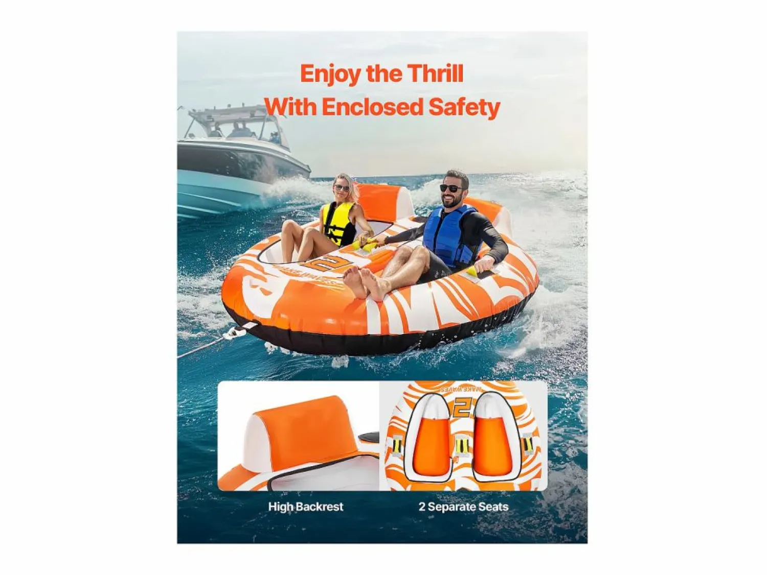 New Tubo Remolcable, SucceBuy Flotadores Remolcables para Navegación, Flotadores Remolcables Inflables para 2 Personas con 2 Cabinas Naranja