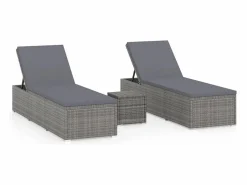 Outlet vidaxl Tumbonas de jardín y mesita 3 piezas ratán sintético Gris