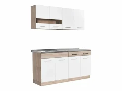 Unidad de cocina 160x84x60 cm aspecto madera roble blanco y gris Marru00f3n / Blanco
