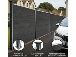 Discount Vallas para exteriores de WPC y Aluminio - 7xPaneles Cuadrados + 1x Oblicuo + 8x Postes con LED | Cercados Y Ocultación