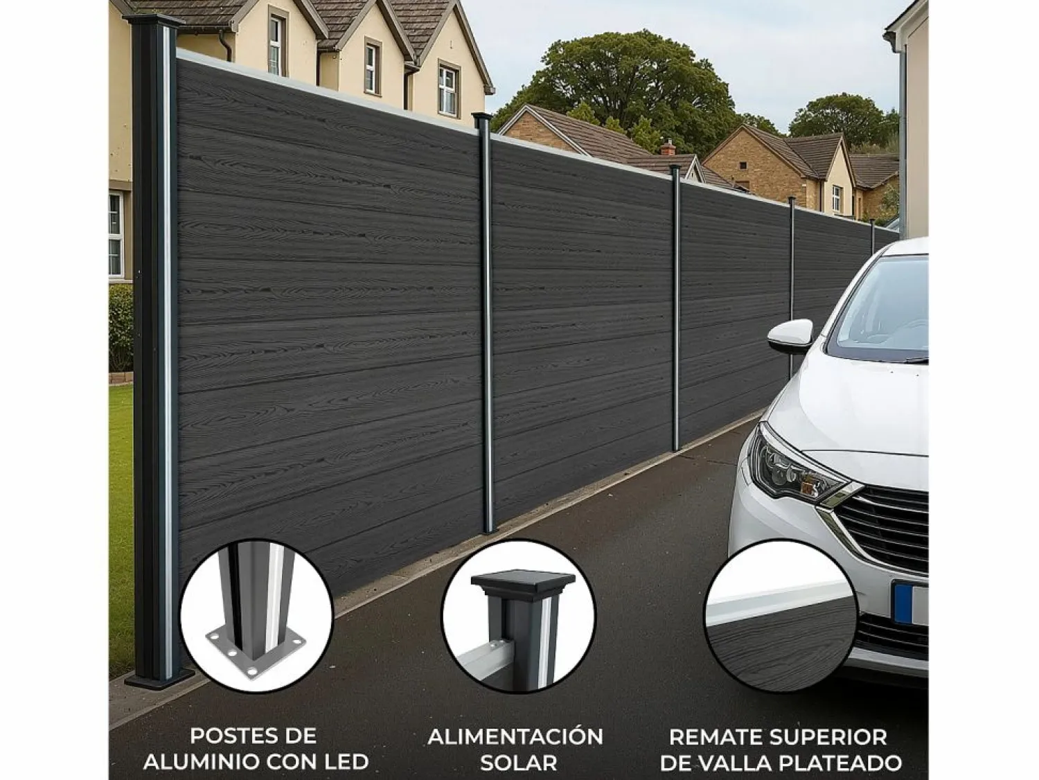 Outlet Vallas para exteriores de WPC y Aluminio - 6xPaneles Cuadrados + 1x Oblicuo + 7x Postes con LED | Cercados Y Ocultación
