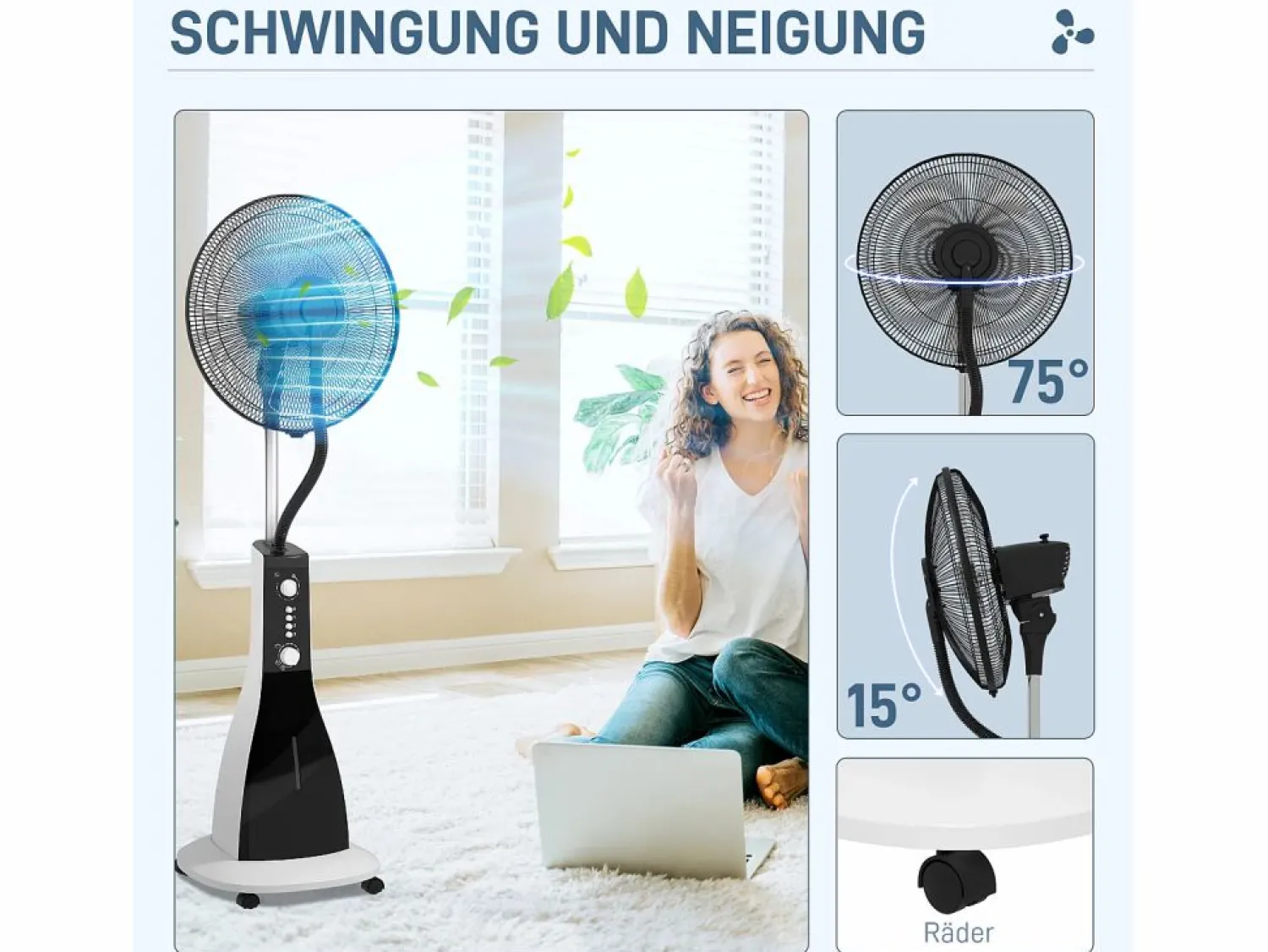 Discount Ventilador con función nebulizador 3L, 90W, 3 modos, temporizador, oscilante, ruedas, (44,5x38,5x120cm) Negro