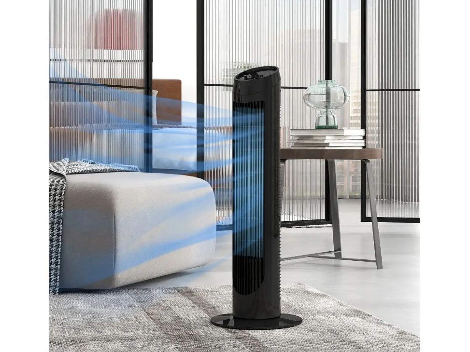 Ventilador de pedestal 3 velocidades, oscilación 70°, diseño compacto, 45 W, ABS, (31,5x31,5x117cm)