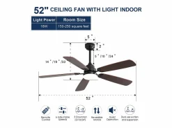 Ventilador de techo clásico de 52 pulgadas con iluminación LED regulable, 5 aspas, 6 velocidades y control remoto, motor de CC, MDF, (132 x 132 x 49 cm)