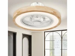 Hot Ventilador de techo con iluminación LED, 6 aspas reversibles, mando a distancia, modo RGB, 40W, madera natural (50x50x22,5cm) Aire Acondicionado, Ventilación