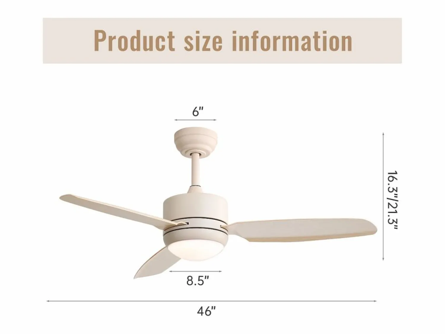 OKWISH Ventilador de techo de 117 cm - Ventilador de techo para sala de estar con 6 velocidades y 3 aspas de ABS - Iluminación LED