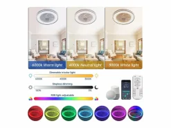 Best Ventilador de techo de 19 pulgadas con control remoto, 3 aspas de ABS, motor de CC ultrasilencioso, LED RGB regulable de 3 colores (48,26 x 48,26 x 12,7 cm) Aire Acondicionado, Ventilación