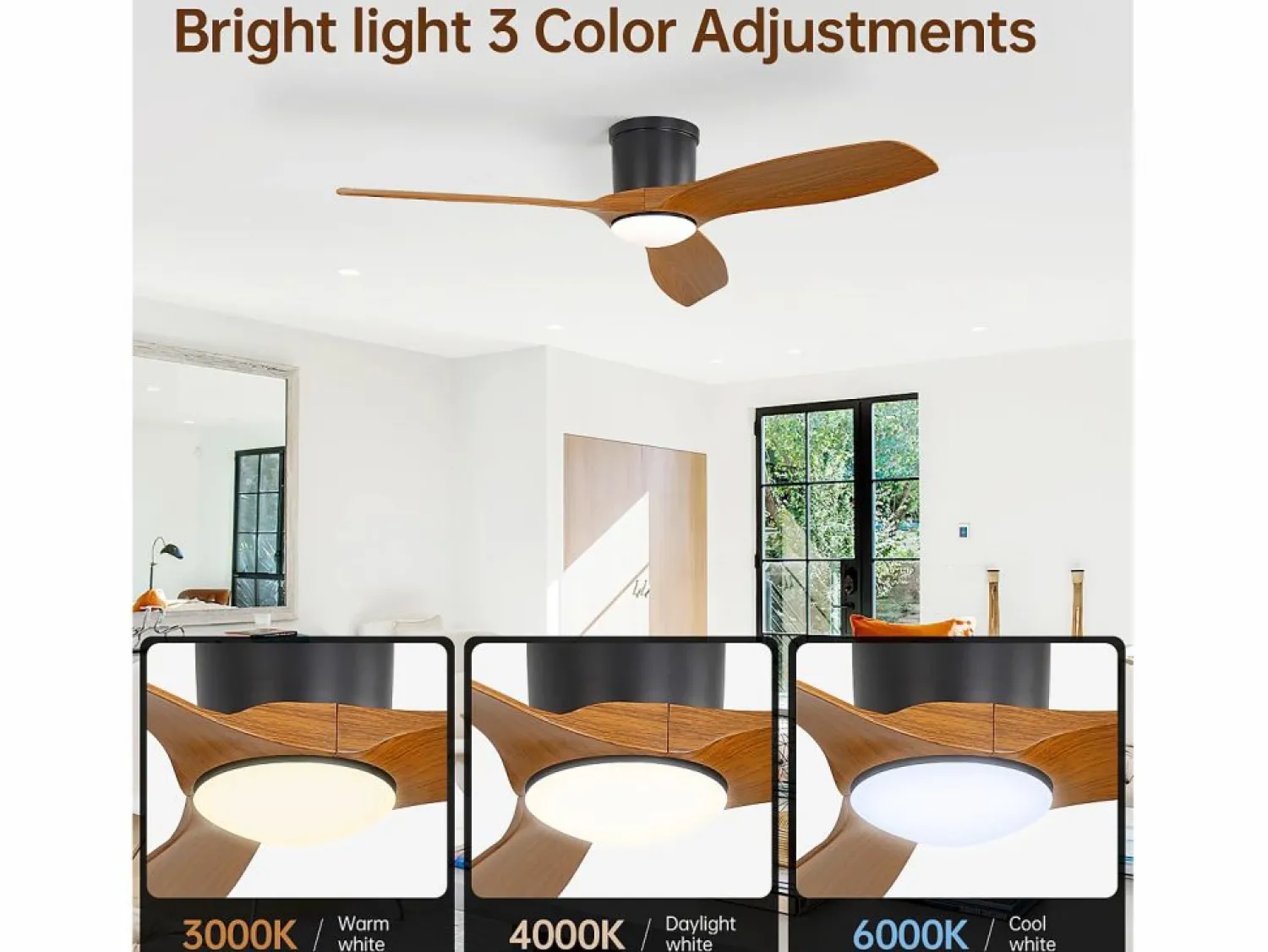 New Ventilador de techo de 52 pulgadas con mando a distancia, 3 aspas ABS, LED regulable de 18 W, 3 colores, función reversible, (132 x 132 x 22,86 cm) Negro