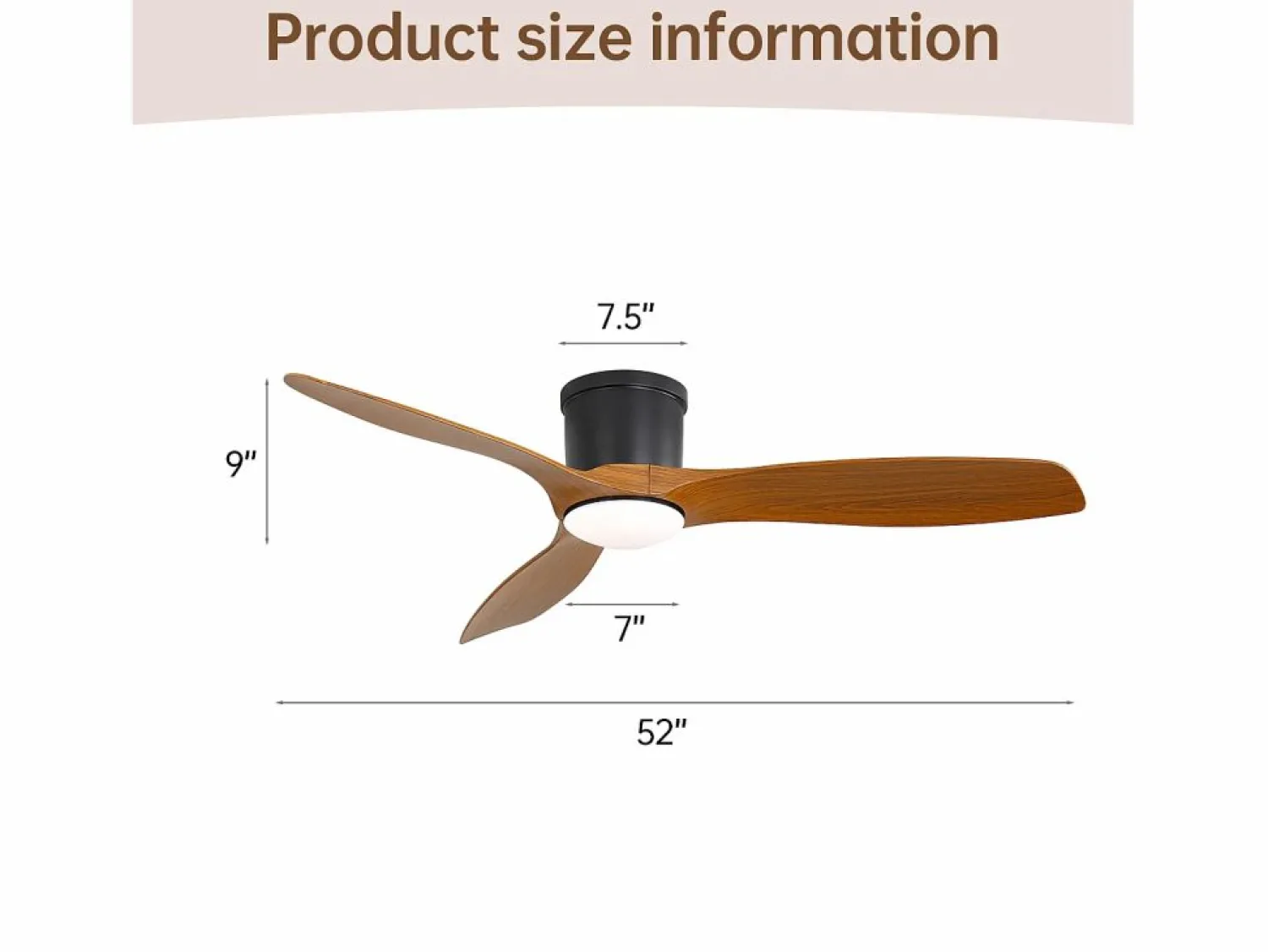 New Ventilador de techo de 52 pulgadas con mando a distancia, 3 aspas ABS, LED regulable de 18 W, 3 colores, función reversible, (132 x 132 x 22,86 cm) Negro
