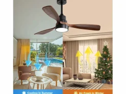 Ventilador de techo de 48 pulgadas con 3 aspas de madera maciza, control remoto, motor CC reversible y ahorro de energía, (122 x 122 x 39 cm) Aire Acondicionado, Ventilación