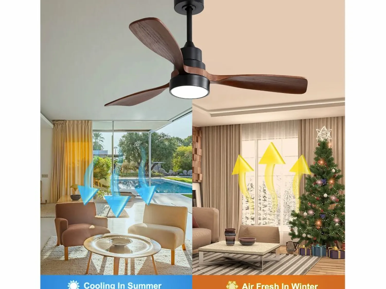 Ventilador de techo de 48 pulgadas con 3 aspas de madera maciza, control remoto, motor CC reversible y ahorro de energía, (122 x 122 x 39 cm) Aire Acondicionado, Ventilación