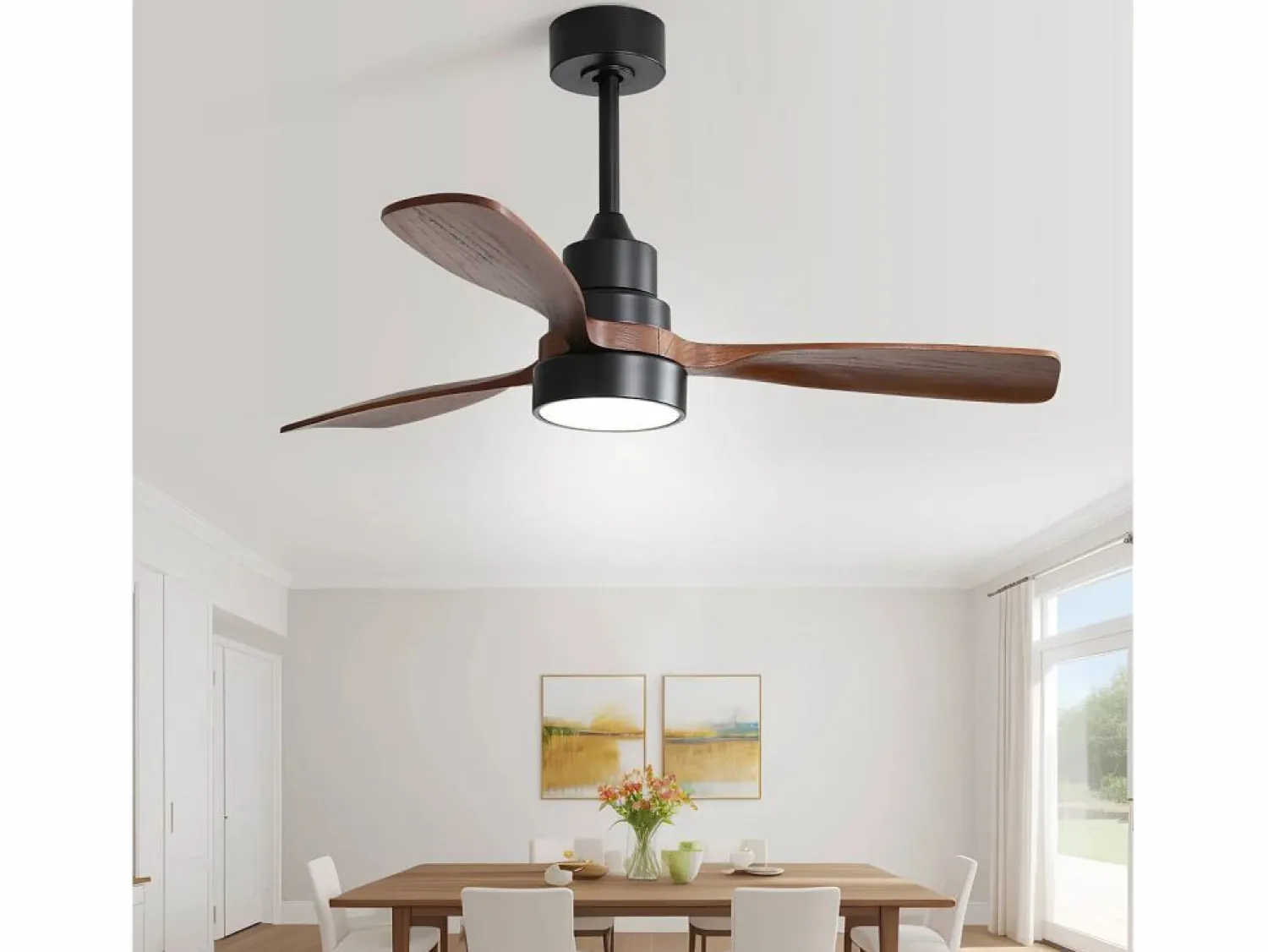 Ventilador de techo de 48 pulgadas con 3 aspas de madera maciza, control remoto, motor CC reversible y ahorro de energía, (122 x 122 x 39 cm) Aire Acondicionado, Ventilación