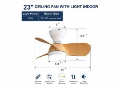 Clearance Ventilador de techo de madera clara de 23 pulgadas - Ventilador de techo con luz LED y 3 aspas de ABS - para dormitorio Blanco