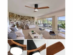 Ventilador de techo interior con luz, 3 palas de madera maciza, motor silencioso y reversible, mando a distancia, (132x132x30 cm)