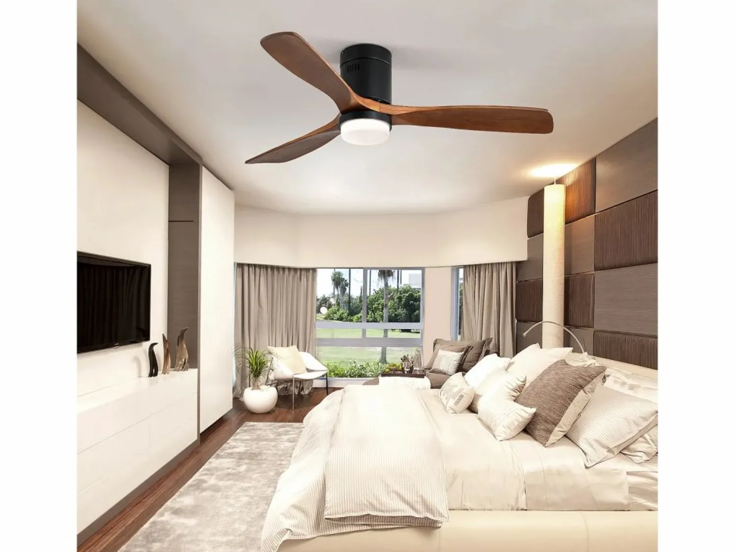 Ventilador de techo interior con luz, 3 palas de madera maciza, motor silencioso y reversible, mando a distancia, (132x132x30 cm)