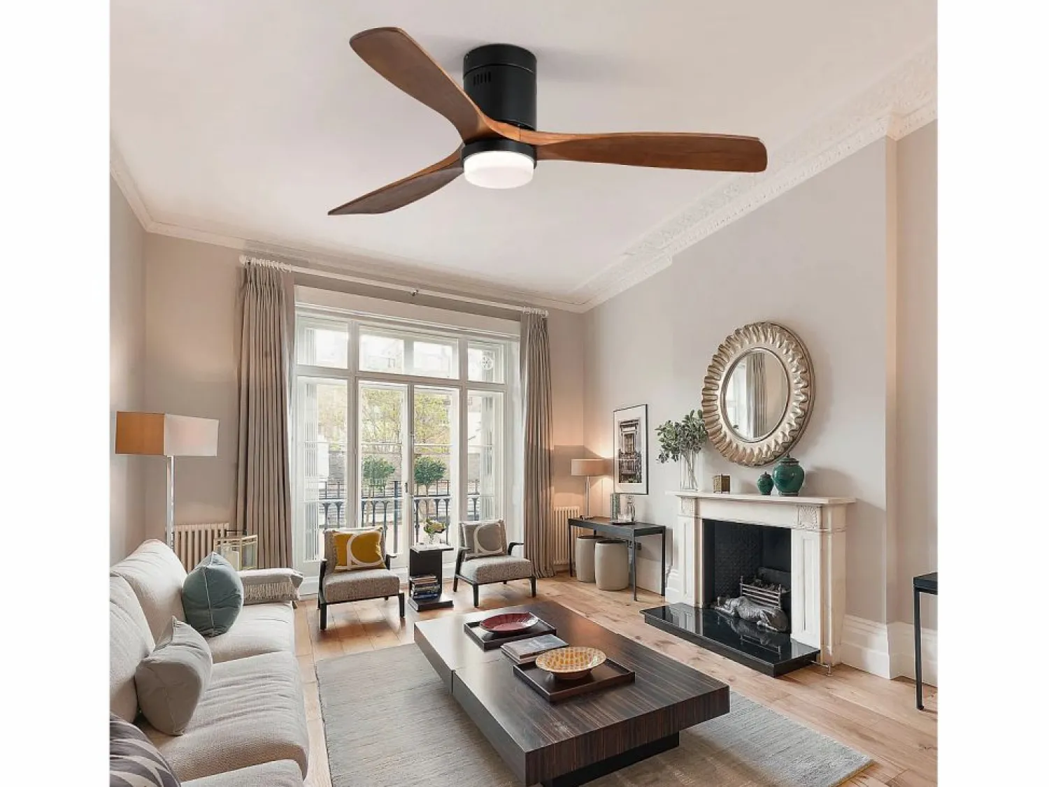 Ventilador de techo interior con luz, 3 palas de madera maciza, motor silencioso y reversible, mando a distancia, (132x132x30 cm)