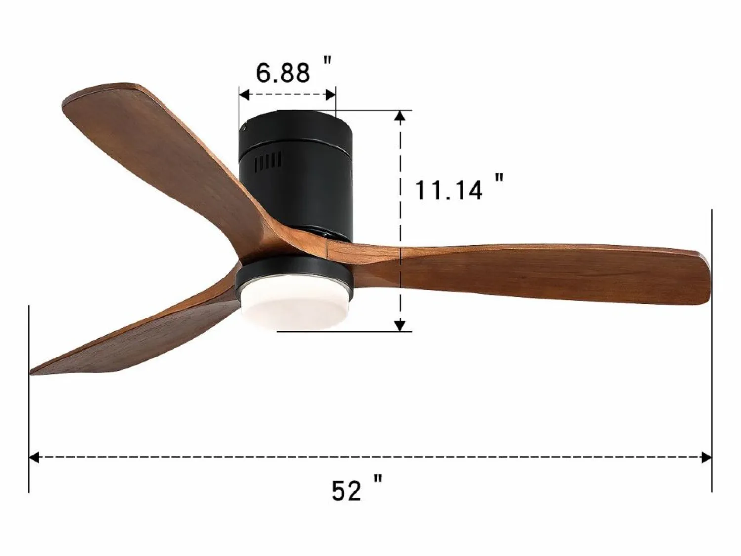Ventilador de techo interior con luz, 3 palas de madera maciza, motor silencioso y reversible, mando a distancia, (132x132x30 cm)