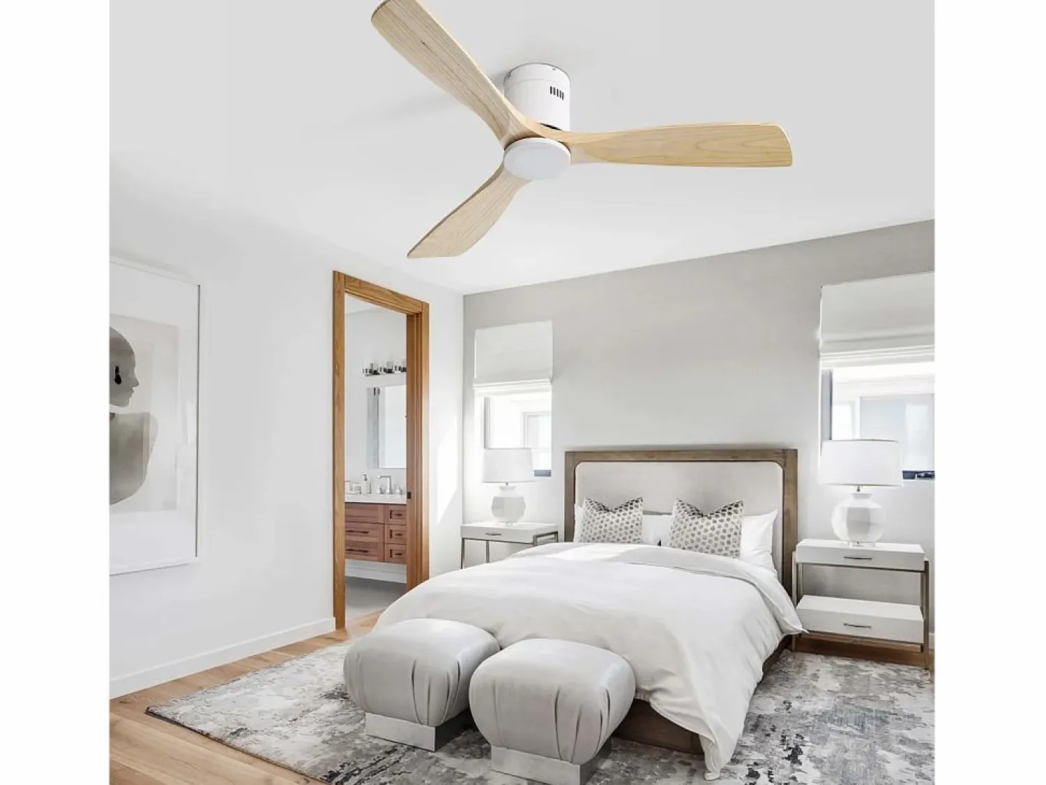 OKWISH Ventilador de techo moderno de madera - Ventilador de techo de 52" con 3 aspas - Motor de CC reversible y silencioso - Para sala de estar