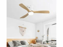 Ventilador de techo para salón - 3 aspas de madera - Blanco con luz y 6 velocidades - 132 cm Aire Acondicionado, Ventilación