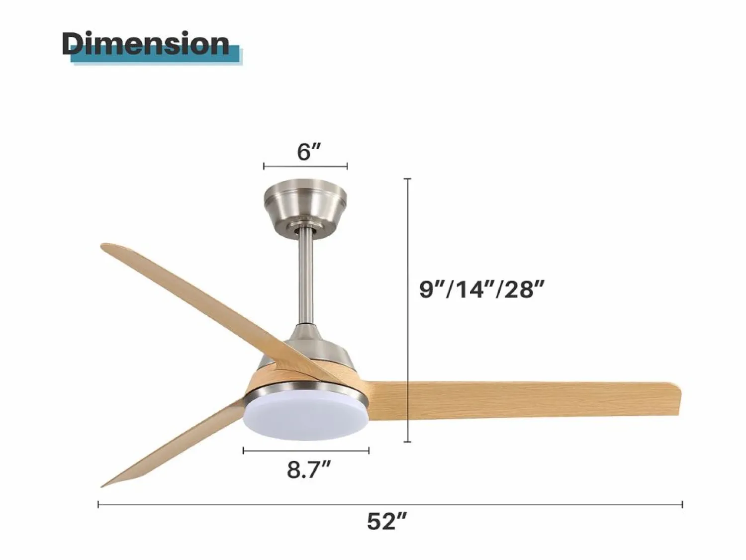 OKWISH Ventilador de techo para sala de estar - con iluminación LED de 22 W y control remoto de 6 velocidades - 3 aspas ABS