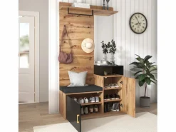 Hot ModernLuxe Vestíbulo con Espejo y Mueble para Zapatos - Natural y Negro - Espacioso y Elegante Color natural claro