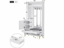 Hauss Spole Vestiaire blanc avec 1 porte, 2 tiroirs, 4 patères et 1 banc 100 x 35 x 180 cm