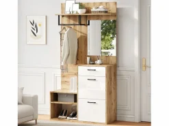 Clearance ModernLuxe Vestidor 100×38,5×190 cm - con espejo y zapatero - con 1 cajón y 2 compartimentos - blanco + natural Color natural claro