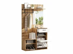 Clearance ModernLuxe Vestidor 100×38,5×190 cm - con espejo y zapatero - con 1 cajón y 2 compartimentos - blanco + natural Color natural claro