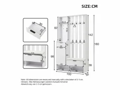 Vestidor 6 en 1 100×30×180 cm - con 8 ganchos y banco para zapatos - con 2 cajones y 1 puerta - con zapatero - Armario De Entrada