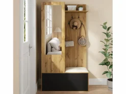Best Vestidor con espejo - 100 x 38 x 191 cm - con zapatero + armario + 2 puertas + banco - MDF - natural Armario De Entrada