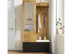 Best Vestidor con espejo - 100 x 38 x 191 cm - con zapatero + armario + 2 puertas + banco - MDF - natural Armario De Entrada