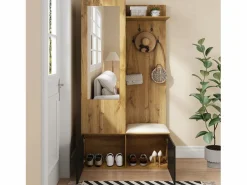 Best Vestidor con espejo - 100 x 38 x 191 cm - con zapatero + armario + 2 puertas + banco - MDF - natural Armario De Entrada