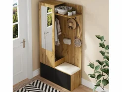 Best Vestidor con espejo - 100 x 38 x 191 cm - con zapatero + armario + 2 puertas + banco - MDF - natural Armario De Entrada