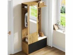 Best Vestidor con espejo - 100 x 38 x 191 cm - con zapatero + armario + 2 puertas + banco - MDF - natural Armario De Entrada