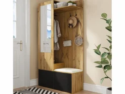 Best Vestidor con espejo - 100 x 38 x 191 cm - con zapatero + armario + 2 puertas + banco - MDF - natural Armario De Entrada