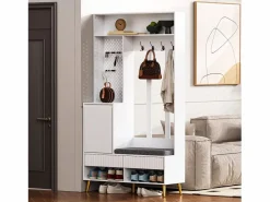 Outlet ModernLuxe Vestidor de entrada moderno - con 4 ganchos, 1 puerta y 2 cajones - con banco y estantes abiertos - Blanco