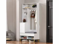 Outlet ModernLuxe Vestidor de entrada moderno - con 4 ganchos, 1 puerta y 2 cajones - con banco y estantes abiertos - Blanco
