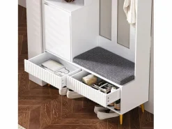 Outlet ModernLuxe Vestidor de entrada moderno - con 4 ganchos, 1 puerta y 2 cajones - con banco y estantes abiertos - Blanco