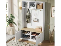 Online ModernLuxe Vestidor de entrada moderno 105x40x180cm - con 2 puertas - con mueble para zapatos y ganchos - estantes abiertos - + Natural Blanco