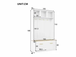 Online ModernLuxe Vestidor de entrada moderno 105x40x180cm - con 2 puertas - con mueble para zapatos y ganchos - estantes abiertos - + Natural Blanco