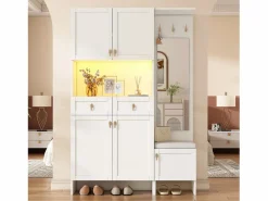 Discount Vestidor de entrada moderno 120x33.5x180cm - con LED y espejo - con banco de zapatos y mueble de zapatos - con 2 cajones y 5 puertas - Armario De Entrada