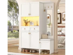Discount Vestidor de entrada moderno 120x33.5x180cm - con LED y espejo - con banco de zapatos y mueble de zapatos - con 2 cajones y 5 puertas - Armario De Entrada