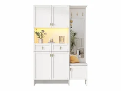 Discount Vestidor de entrada moderno 120x33.5x180cm - con LED y espejo - con banco de zapatos y mueble de zapatos - con 2 cajones y 5 puertas - Armario De Entrada