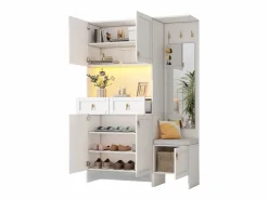 Discount Vestidor de entrada moderno 120x33.5x180cm - con LED y espejo - con banco de zapatos y mueble de zapatos - con 2 cajones y 5 puertas - Armario De Entrada