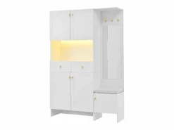 Discount Vestidor de entrada moderno 120x33.5x180cm - con LED y espejo - con banco de zapatos y mueble de zapatos - con 2 cajones y 5 puertas - Armario De Entrada